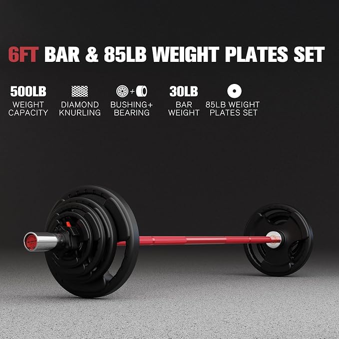 RitFit Barbell Weight Set - 4/6FT Olympic Barbell with Weight Plates (55-115LB Total) - Weightlifting Equipment for Squats, Curls, Deadlifts, Presses, Hip Thrusts