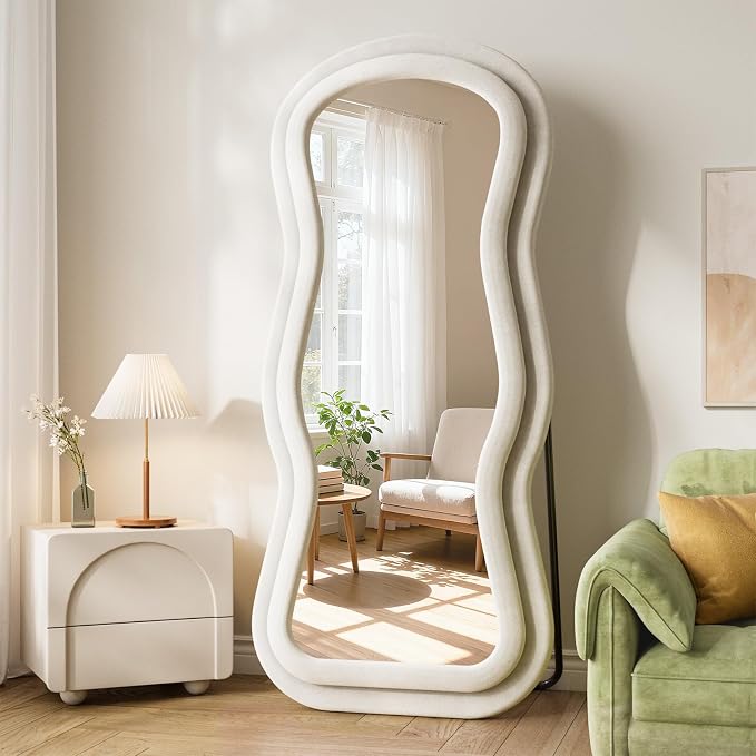 Mirror Full Length Flannel, 63"x24" Full Body Mirror with Stand | Flannel Floor Mirrors, Standing Mirror for Bedroom, Living Room, Dressing Room, Hanging Leaning Wall Mirror, Beige
