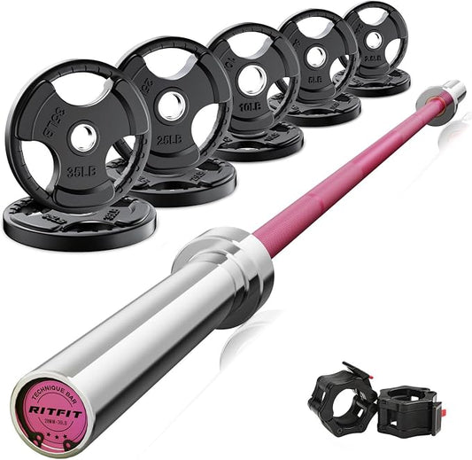 RitFit Barbell Weight Set - 4/6FT Olympic Barbell with Weight Plates (55-115LB Total) - Weightlifting Equipment for Squats, Curls, Deadlifts, Presses, Hip Thrusts