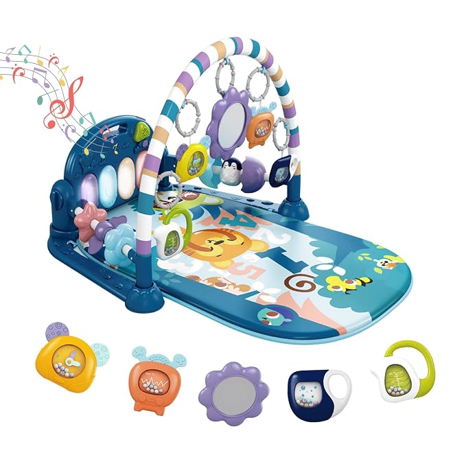 dearlomum Blue Tiger Theme Baby Play Mat Gym with Kick & Play Piano | Tummy Time Activity Mat with 5 Infant Sensory Toys, Music and Lights, Boy & Girl Gifts for Newborns 0 to 3 6 9 12 Months