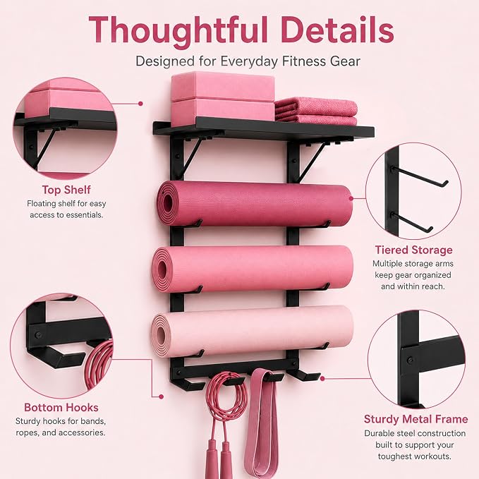 Home Gym Yoga Mat Holder - 4-Tier Wall Rack with Top Shelf and 5 Hooks | Metal Storage Rack Organizes Mats, Foam Rollers, Yoga Blocks, Resistance Bands, Jump Ropes And Workout Accessories.