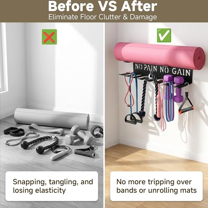 Gym Home Rack 8 Hook Heavy-Duty Wall-mounted Organizer Multi-Purpose Workout Gear Wall Hanger Storage for Resistance Bands Jump Ropes Lifting Belt Fitness Bands Barbells Carabiners Included