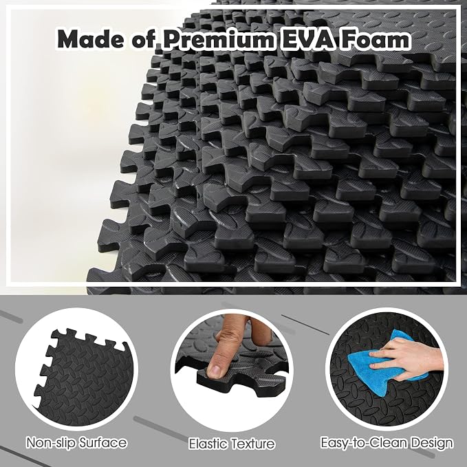 Tangkula 24 Tiles Exercise Flooring With Border, Non-Slip EVA Foam Protective Mats, Elastic Puzzle Play, 1/2" Interlocking Floor for Home Gym, Fitness Room, Workshop Equipment (Black)