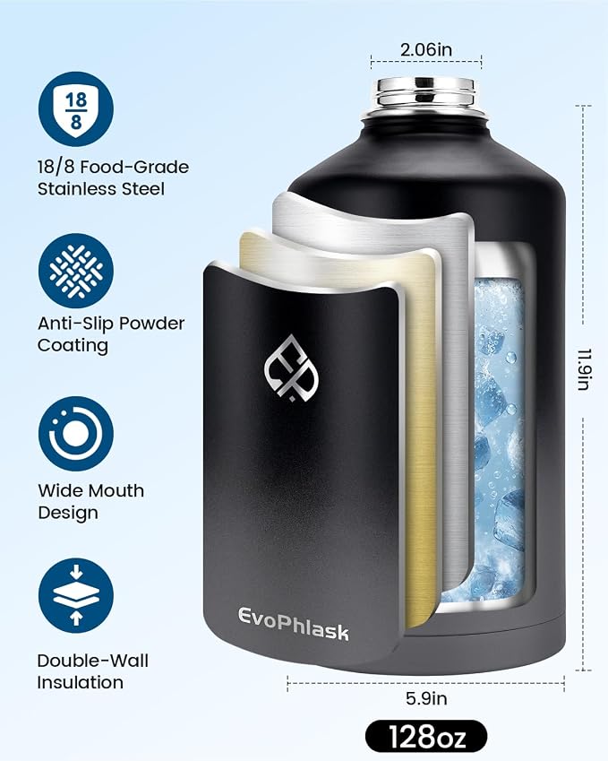 1 Gallon Water Bottle Insulated with Carrier Bag, Black/Gray | Stainless Steel, Vacuum Insulated Keep Cold 48 Hrs, 128 oz Large Gallon Water Jug, For Travel, Sport, Gym, Hiking