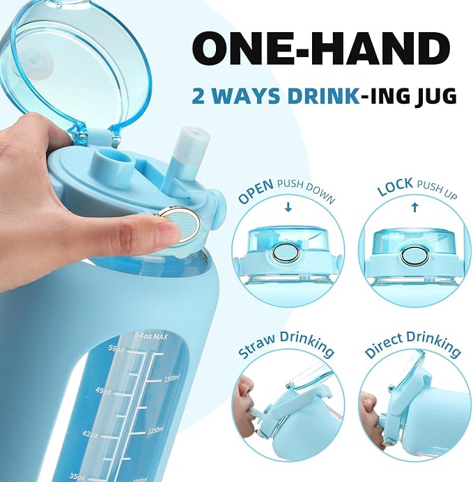 42 oz Glass Water Bottle with 2-in-1 Straw Lid Large Half Gallon Water Bottle with Time Marker & Removable Silicone Sleeve,Wide Mouth BPA-Free Borosilicate Bottle for Gym, Workout & Daily Use