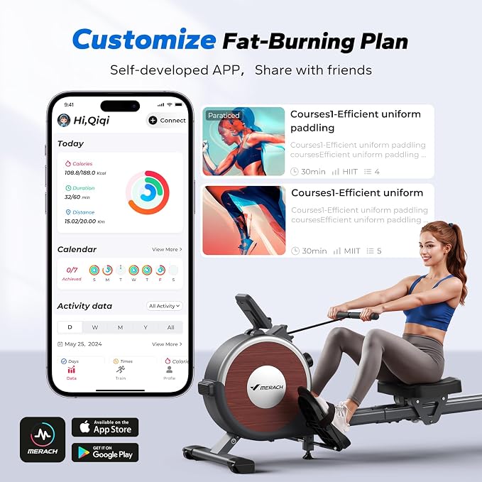 MERACH Rowing Machines for Home, Magnetic Rowing Machine with 16 Levels, Rower Machine of Quiet Resistance, Dual Slide Rail with Max 350lbs Weight Capacity, App Compatible