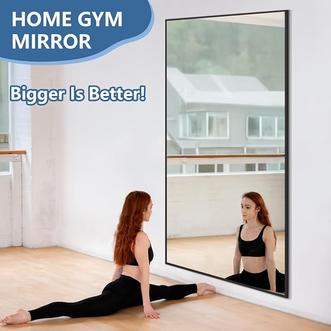 76"x34" Large Floor Mirror Full Length with Stand, Oversized Black | Free Standing or Leaning, Wall‑Mountable, for Bedroom Living Room Home Gym, Rectangular, Tempered Glass, Aluminum Frame