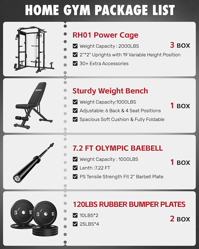 RH01 Power Cage Rack, 2000LBS Squat Rack with with Cable Crossover System&LAT Pull Down System, Multi-Function Workout Cage for Home&Garage Gym