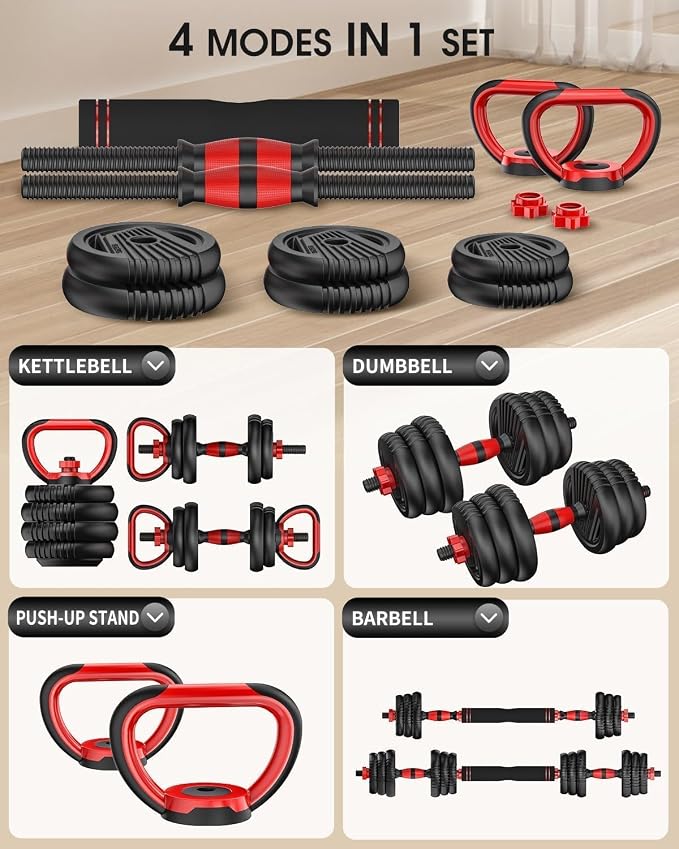 Adjustable Dumbbell set,20/30/45/70/90lbs Free Weight Set | 5 in1 Dumbbell Set with Connector,Used as Barbell,Kettlebells,Push up Stand,Fitness Exercises for Home Gym Suitable Men/Women