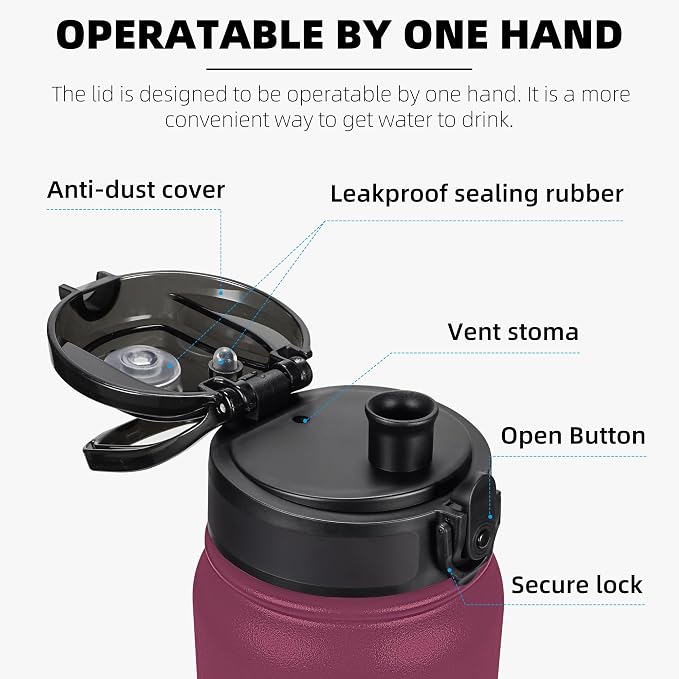 Fanhaw 32 oz Insulated Stainless Steel Water Bottle with Anti-Dust Chug Lid, Leakproof Vacuum Sports Bottle for Kids, Teens & Adults, Back to School Essentials (Red Black)