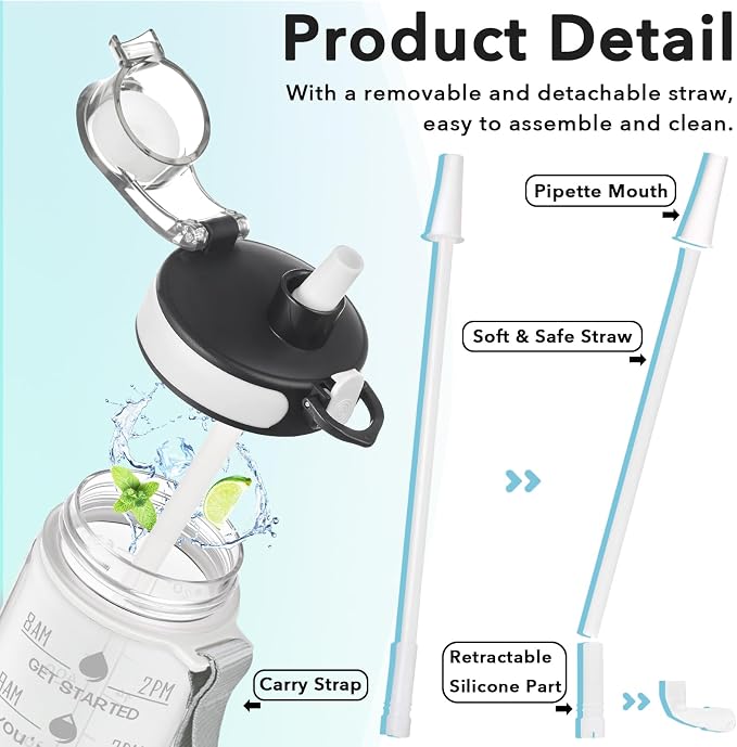 Enerbone Water Bottle, Leakproof BPA & Toxic Free, Motivational Water Bottle with Times to Drink and Straw, Fitness Sports Water Bottle with Strap for Office, Gym, Outdoor Sports