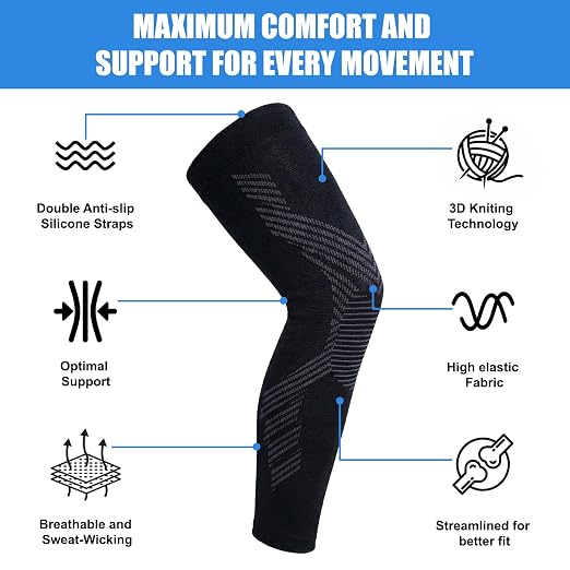Full Leg Compression Sleeves for Men and Women,2 Pack Legs Sleeves Long Knee Brace Support for Running, Basketball, Cycling, Workout, Sports - Black,L