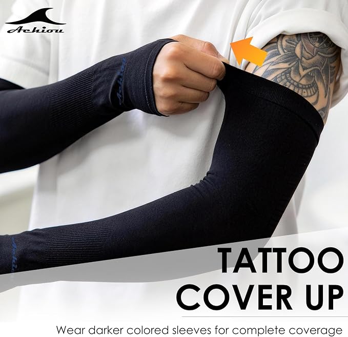 Achiou Arm Sleeves for Men Women, Sun Sleeves UV Protection Cooling Sports | Compression,Tattoo Sleeve Cover, Thumb Hole Design,Tattoo Cover Up, UPF 50+, Versatile Use for Basketball Football Volleyball