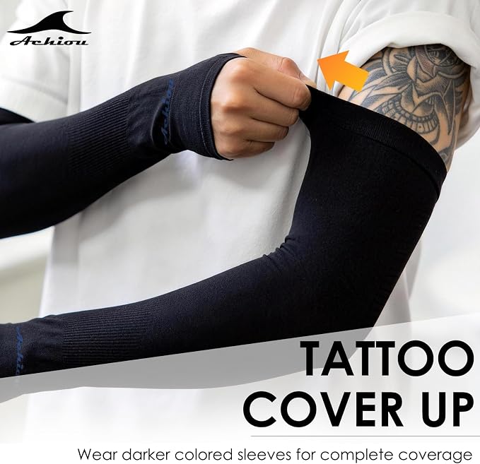 Achiou Arm Sleeves for Men Women, Sun Sleeves UV Protection Cooling Sports | Compression,Tattoo Sleeve Cover, Thumb Hole Design,Tattoo Cover Up, UPF 50+, Versatile Use for Basketball Football Volleyball