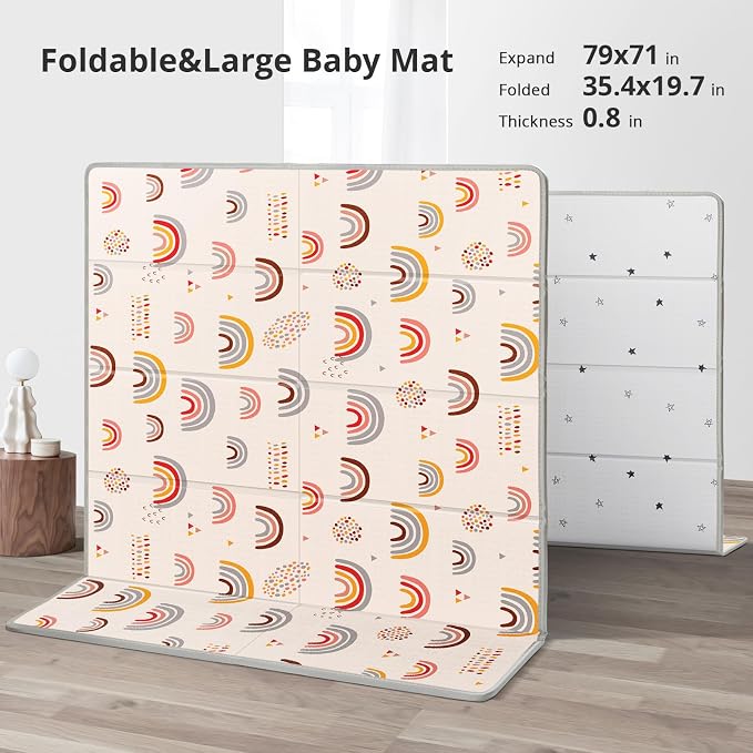 Piglog Extra Large Play Mat for Baby, 0.8 Inch Thick BPA Free, Reversible Foldable Baby Play Mat, 79" x71" Waterproof Foam Floor Baby Crawling Mat, Portable Playmat for Infants, Toddler, Kids, Rainbow