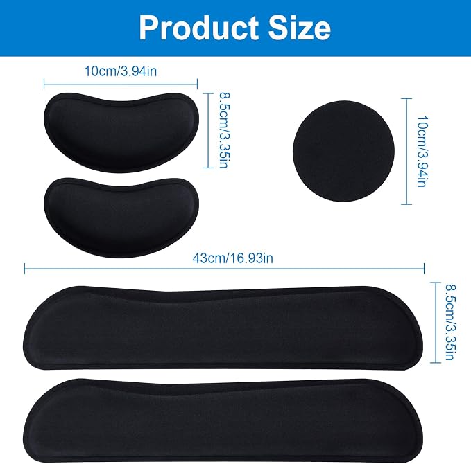 Leolee Gel Memory Foam Keyboard Wrist Rest, Black 5 in 1 Wrist Rest Set | for Computer Keyboard and Mouse, Ergonomic Wrist Support with Non-Slip Base for Pain Relief, Typing, Gaming, Office