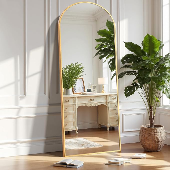 OLIXIS 56"x15.5" Arched Full Length Gold Mirror for Bedroom | Full Body Mirror with Stand, Hanging or Leaning for Wall, Aluminum Alloy Thin Frame Floor Standing for Living Room, Long
