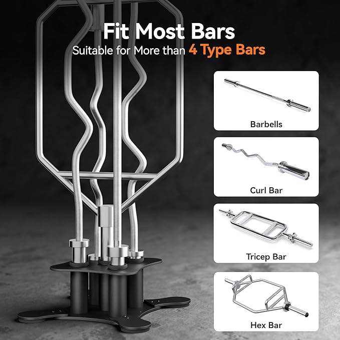 Vertical Barbell Storage Rack, 5-Bar Barbell Holder Floor Stand | 2-Inch Olympic/Curl Bar Compatible, with Protective Sleeve Inserts, Organizer for Home & Garage Gym