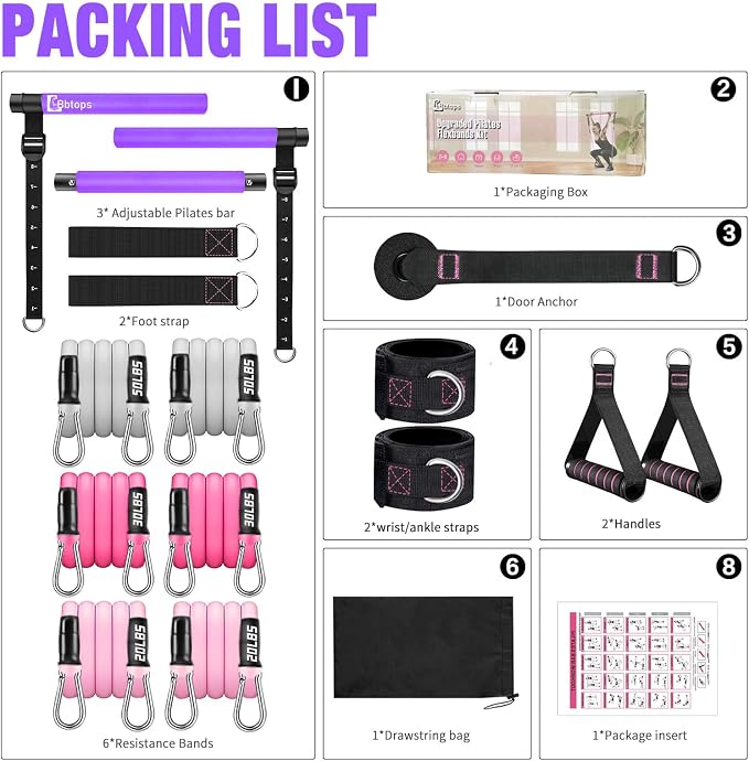 Bbtops Pilates Bar Kit with Resistance Bands,Pilates Bar with Stackable Bands Workout Equipment for Legs,Hip,Waist and Arm,Exercise Fitness Equipment for Women & Men Home Gym Yoga Pilates