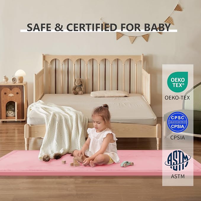 Huloo Sleep Play Mat for Babies Toddlers,1.3" Thick Elasti-Foam Anti-Fall Cushion Mat for kids Room,28×72 Bedroom Bedside Rugs,Water-Repellent Soft Coral Velvet,Non-Slip(Pink)