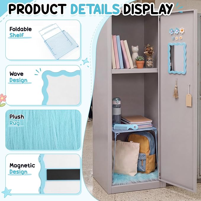 RattanView 10 Pcs Locker Decoration Kit Magnetic Acrylic Mirror Plush Rug Small Comb 6 Flower Magnet Locker Organizer for Back to School Teen Student Girl Office Work Lockers Accessories Gift(Blue)