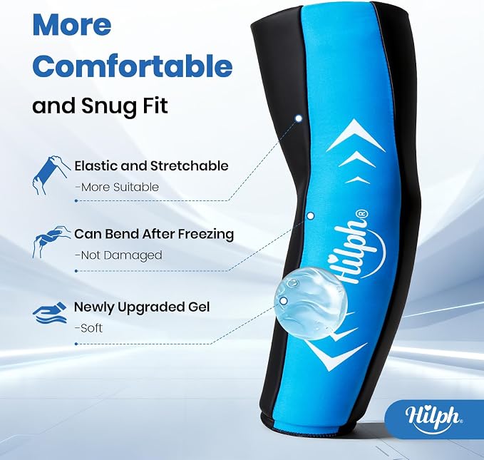 Hilph Full Arm Elbow Ice Pack Sleeve for Pitchers, Extended-Length Design | Reusable Hot & Cold Compression Gel Ice Wrap for Tennis Elbow, Golfers Arm, Tendonitis, Carpal Tunnel, Sports Recovery, Large