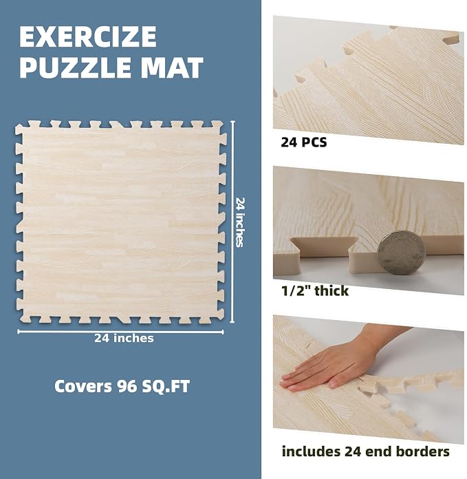 Art3d 96 Sq.Ft Eva Puzzle Exercise Mats, 24"x24" x 1/2" Thick Foam Interlocking Tiles for Flooring, Workout, Gym Equipments, Pack of 24, White Oak