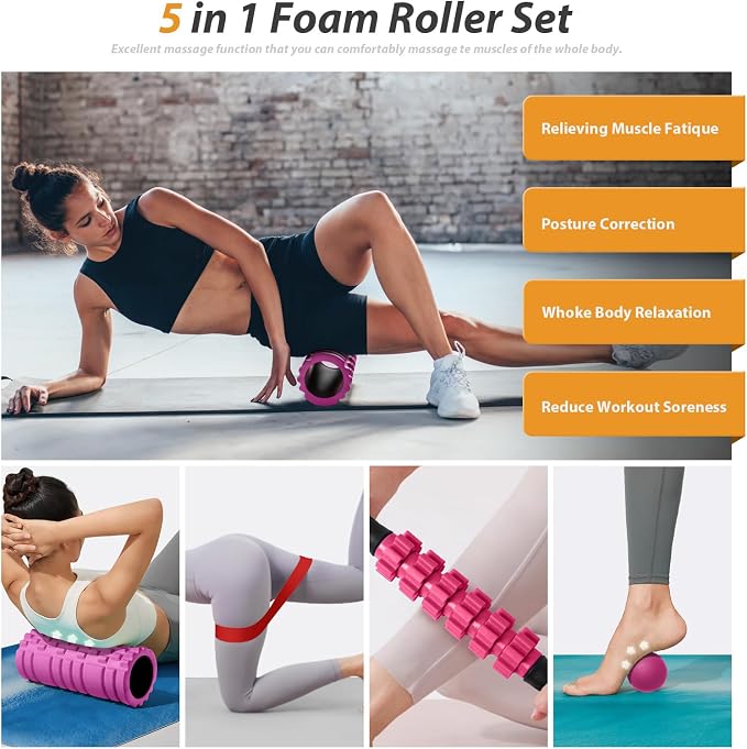SUBCULTUREPICK 5 in 1 Foam Roller Set for Deep Tissue Muscle Massage | High Density Fitness Exercise Foam Roller, Muscle Roller, Massage Ball, Resistance Band, for Whole Body Physical Therapy Pink