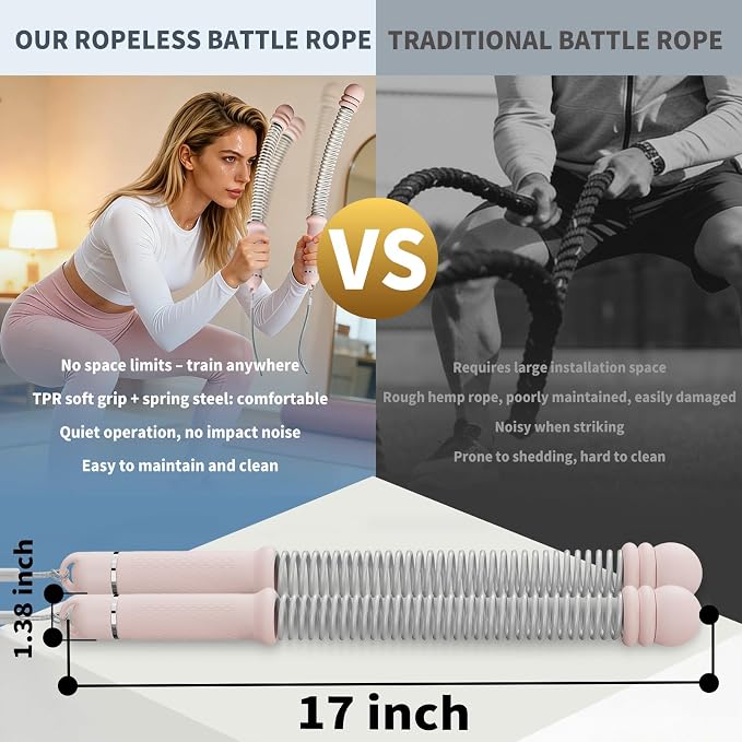 Pinailon Ropeless Battle Ropes Portable Cordless Strength Home Gym Pink | Workout Exercise Rope for Strength Building, Heavy Duty, HIIT & Low-Impact Aerobic Training for Men & Women