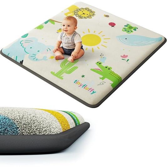 Baby Play Mat for Floor, 1.3" Thick Elasti-Foam Baby Play Mat, 50x50 Playpen Mat for Toddlers Infant kids, Water Repellent Soft Coral Velvet Crawling Mat for Floor, Non-Slip Backing Safe Jungle Safari