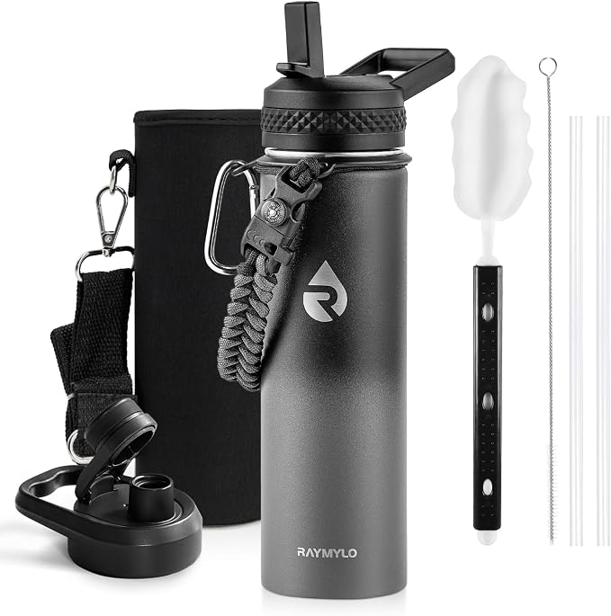 RAYMYLO Insulated Water Bottle 20 oz, Triple Wall Vacuum Stainless Steel | (Cold for 24Hrs, Hot for 12Hrs), Leak Proof & Non-BPA, Modern Water Bottle Jug for School with Straw Spout Lids