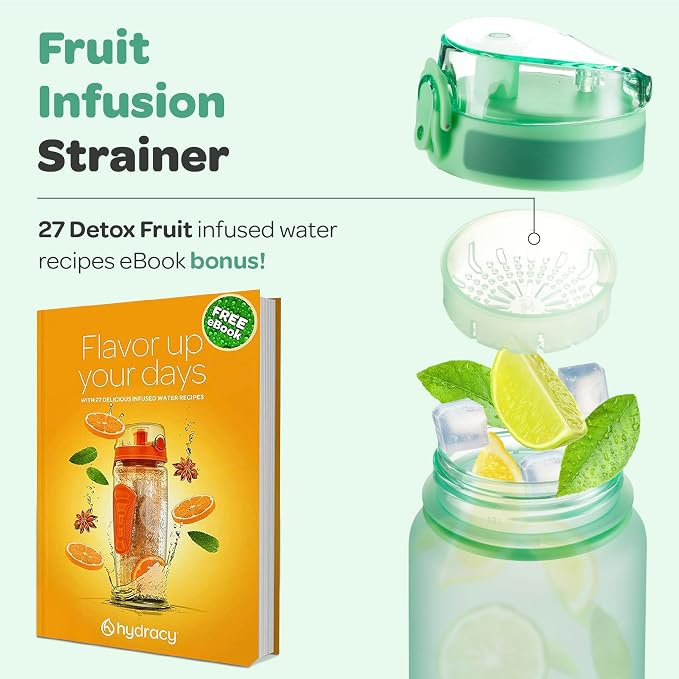 Hydracy Motivational Water Bottle with Time Marker & Fruit Infuser 32 oz | BPA-Free Tritan, Leakproof Flip-Top Lid,No-Sweat Sleeve,Carry Strap,Daily Intake Tracking for Gym,Sports,Outdoors