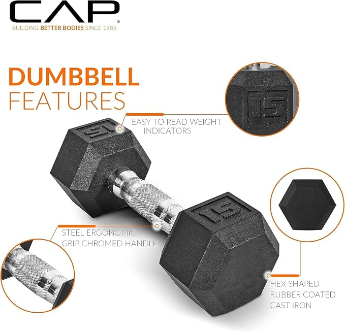 CAP Rubber Coated Hex Dumbbell Set with Storage Rack | 100–210 lb Options, Space-Saving Vertical Compact Storage for Home Gym Strength Training