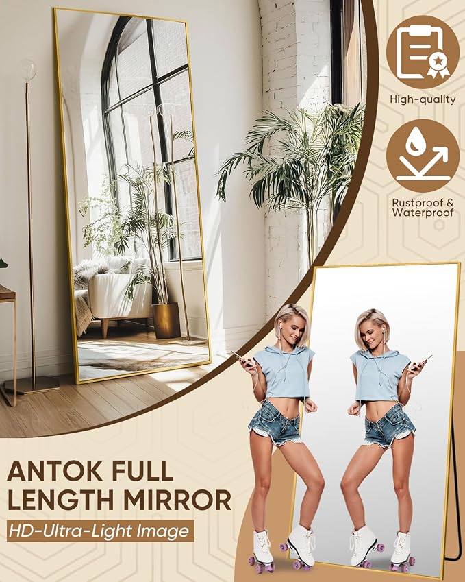 Antok Full Length Mirror, 56"x14" Floor Mirror, Floor Standing Freestanding Full Body Mirror with Stand for Bedroom, Hanging Mounted for Living Room Cloakroom, Gold