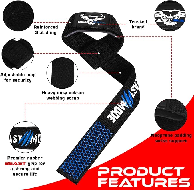 BEAST RAGE Lifting Wrist Straps for Weightlifting, Straps Gym Grip Power Workouts Lifting Straps Padded Neoprene & Premium Cotton Men Women, Deadlift Bodybuilding Exercise Lifting Straps