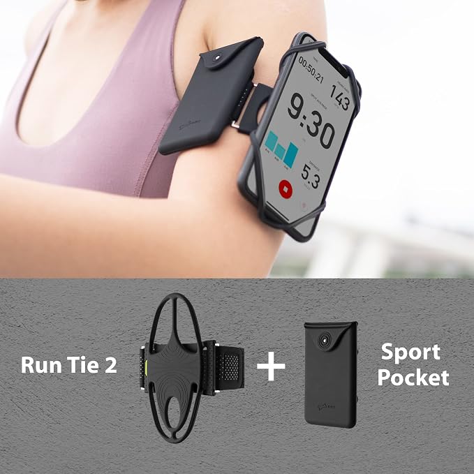 Bone Cell Phone Armbands+Sport Pocket, Run Tie 2+Pocket, L Arm Size, Fits Phone Size 4.7-7.2 Inches for iPhone 13 12 11 Pro Max XS XR X Samsung Galaxy | Sweat Wicking, Dual-Layer Comfort, Skin-Friendly Washable Silicone Strap, Phone Arm Holder for Work...