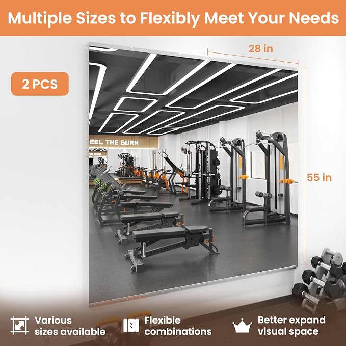 LOAAO Home Gym Mirror 55"x28", 2 PCS | Frameless, Tempered Glass, Large Workout Mirrors, For Home Gym, Dance Studio, Yoga Room, Garage Gym