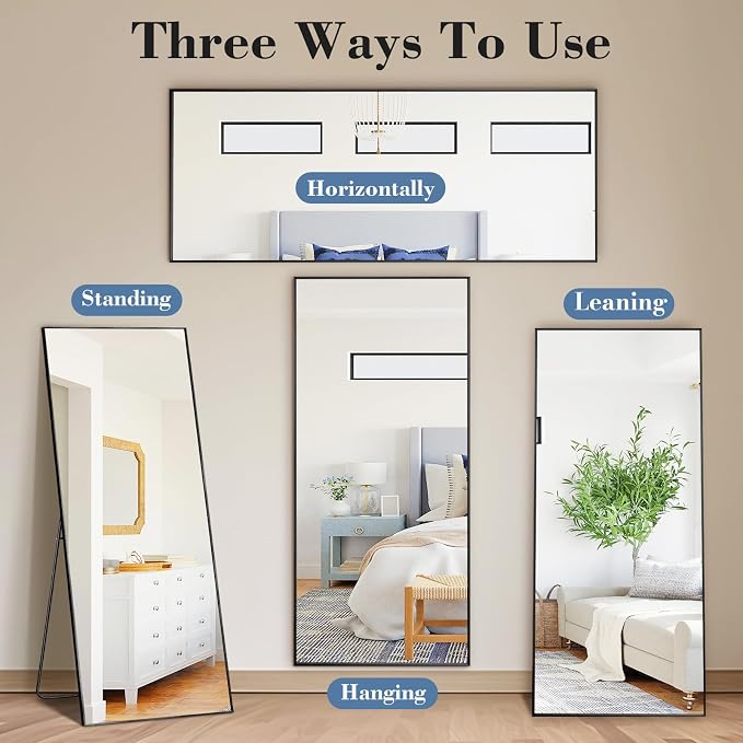 DUMOS 16"x59" Full Length Mirror with Stand, Floor Standing Aluminum Frame, Shatter-Proof Nano Glass for Bedroom, Living Room, Cloakroom – Modern Simple Home Decor,Can Be Hanging or Leaning, Black