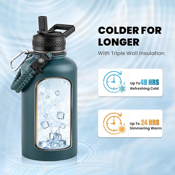 RAYMYLO Insulated Water Bottle 64 oz, Triple Wall Vacuum Stainless Steel | (Cold for 48 Hrs), Leak Proof & Non-BPA, Half Gallon Water Flask Jug with Paracord Handle & Straw Spout Lids, Dark Green