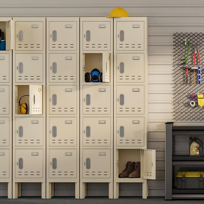 BUTISOW Metal Storage Locker with Lock & Card Slot - Secure Lockable Door - Steel Locker for School, Office, Gym, Home - 66.15" H x 11.8" W x 11.8" D - 5 Door - Beige