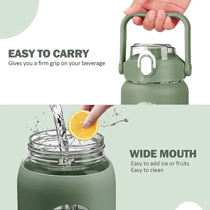 56oz Glass Water Bottles with Straw, Motivational Glass Bottle with Silicone Sleeve and Time Marker, Leakproof Large Glass Water Jug for Gym Home Office,Olive