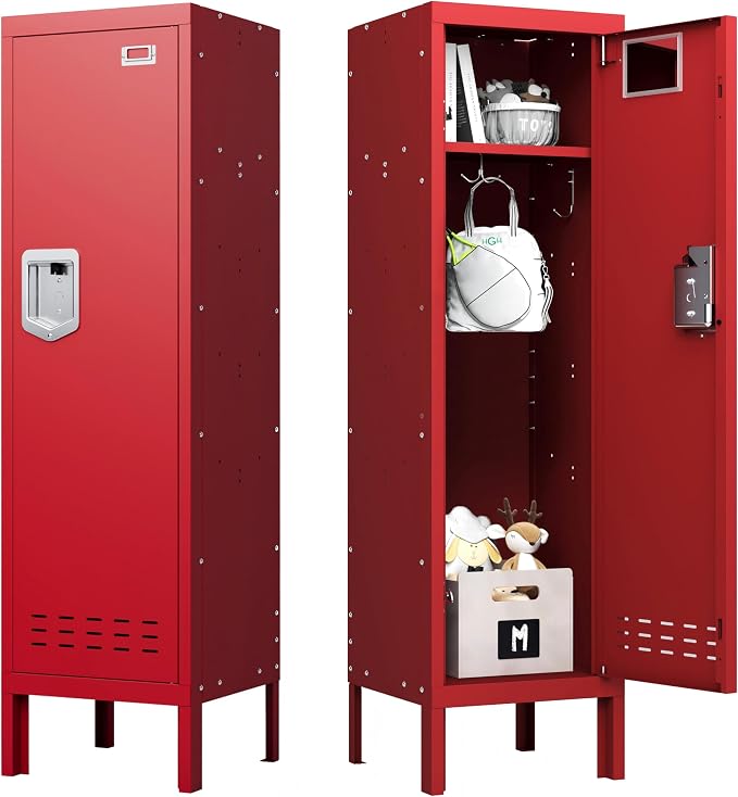 BUTISOW Metal Storage Locker with Lock & Card Slot Locker - Secure Lockable Door - Steel Locker for School, Office, Gym, Home - 54" H x 15" W x 15" D（1 Door, Red）