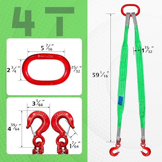 Lifting Slings Straps 5ft with Hooks and Rings | Two Leg Polyester Bridle Sling, 8800lbs Capacity, Heavy Duty, Ideal for Construction and Industrial Lifting