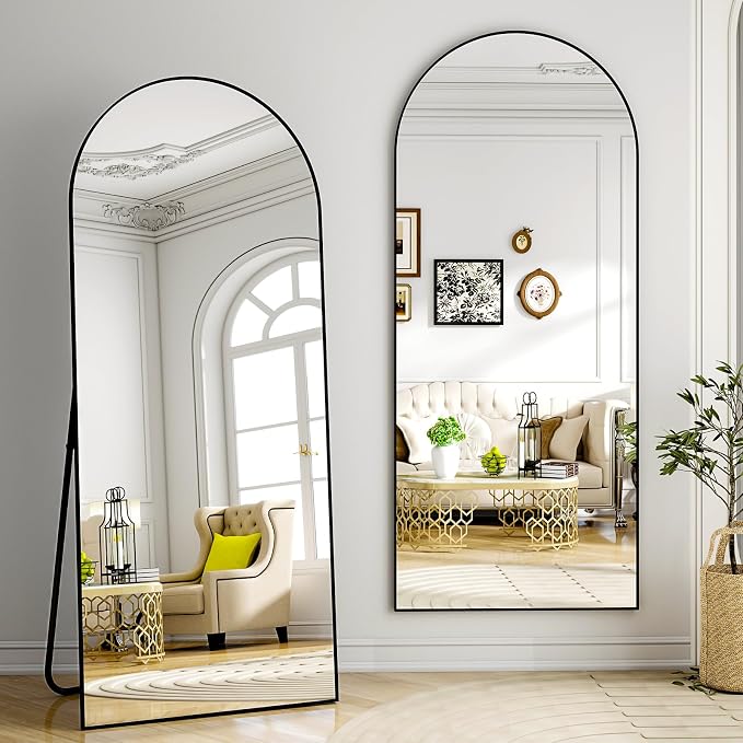 Arched Full Length Mirror 59"x16" Leaning Hanging Decor Black | Standing Body Mirror with Aluminum Frame for Bedroom Cloakroom Living Room Make-up Gift