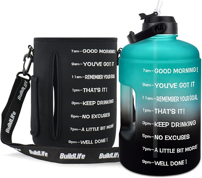 QuiFit 1 Gallon Water Bottle - with Straw & Motivational Time Marker Leak-Proof BPA Free Reusable Gym Sports Outdoor Large(128OZ/73OZ) Capacity Water Jug