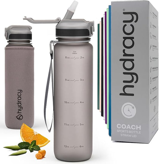 Hydracy Motivational Water Bottle with Time Marker and Straw Lid 32 oz | Leakproof,BPA Free,No Sweat Neoprene Sleeve,Carry Strap,Daily Intake Tracking for Fitness & Outdoors