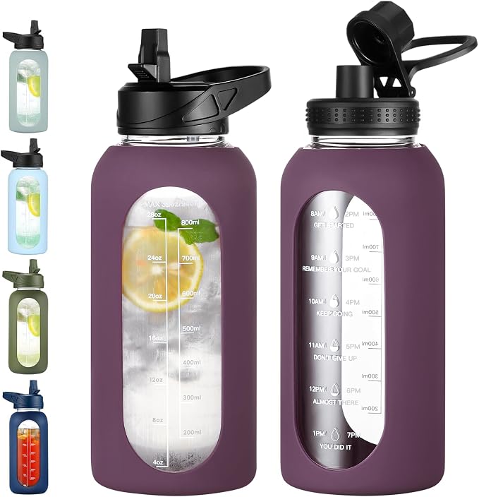 EALGRO 32 oz Glass Water Bottle with Straw, Large Sports Water Jug | Sports Motivational Water Bottle with Time Marker and Silicone Sleeve, Flask Cup for Travel, Gym, Hiking, Dark Purple