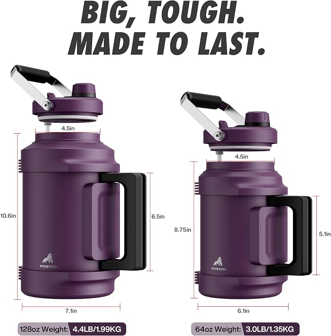 POWCAN 64 oz Insulated Water Jug, 2-in-1 Straw Spout Lid, Dual Handle, Leakproof, Keep Cold 48H, Half Gallon Stainless Steel Water Bottle for Daily, Hydration, Picnic, Travel, Gym, Workout (Burgundy)