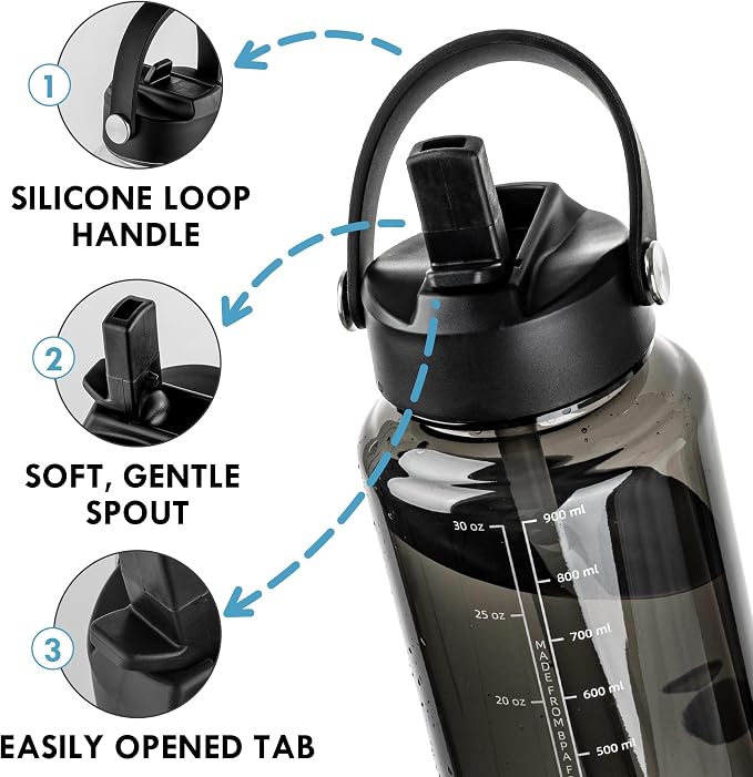 OLDLEY 32oz Water Bottle with Straw, Leakproof Tritan Clear Bottle with Marked Bottle and Carry Handle, BPA-Free Wide Mouth Reusable Sports Bottle for Gym,Hiking, Camping,Travel, Workout,Black