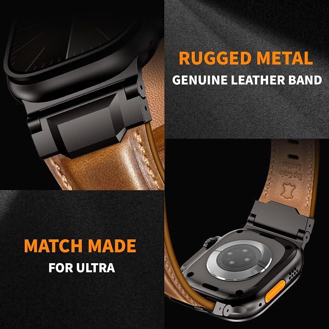 Bands Compatible with Apple Watch Ultra 3/2/1 Band 49/46/45/44mm | Genuine Leather Metal Connector Strap for iWatch Ultra Series 11/10/9/8/7/SE/6/5/4/3/2/1, Brown/Black
